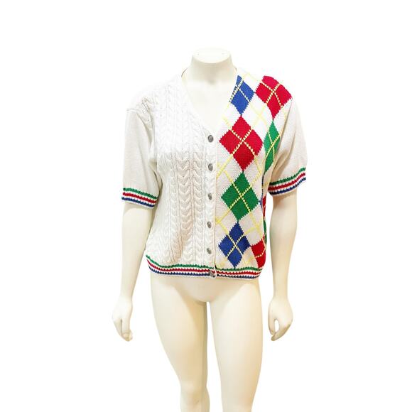Liz Sport 90s Argyle Cable Knit Short Sleeve Tennis Sweater - Picture 1 of 6
